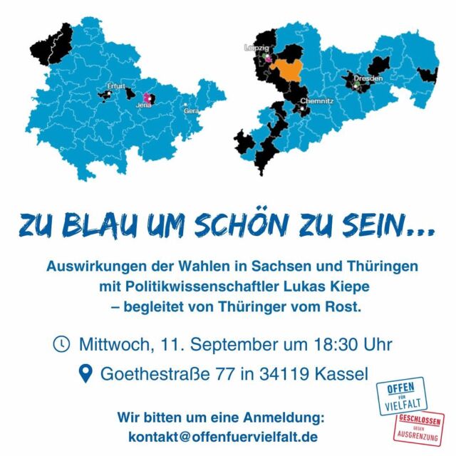 Zum ersten Mal in der Geschichte der Bundesrepublik hat eine extremistische und demokratiefeindliche Partei als stärkste Partei eine Wahl in der Bundesrepublik abgeschlossen: die AfD mit Spitzenkandidat Björn Höcke in Thüringen. Das ist der Kern dessen, was gestern an den Wahlurnen passiert ist.

Wie steht es um die #Demokratie in unseren Nachbarbundesländern? Wer wählt die AfD und das BSW, und warum? Welche Gefahren birgt das Erstarken rechtsextremer und populistischer Parteien für die Demokratie in Deutschland? Was müssen wir besser machen, um die Wählerinnen und Wähler zu erreichen, die Populisten ihr Vertrauen und ihre Stimme schenken? Aber auch: Was müssen die anderen Parteien anders machen?

➡ Diese und weitere Fragen stehen im#Mittelpunkt einer Veranstaltung, zu der unsere #Demokratie-Initiative Offen für Vielfalt e.V. herzlich einlädt.
Am Mittwoch, 11. September um 18:30 Uhr in der Goethestraße 77 wird Politikwissenschaftler Lukas Kiepe in einem Vortrag die Wahlergebnisse für uns analysieren und ihre möglichen Auswirkungen auf die politische Landschaft beleuchten. Im Anschluss sind alle #Demokrat*innen zu einem offenen Austausch am #Grill eingeladen – begleitet von Thüringer vom Rost. Natürlich gibt es auch vegetarische Alternativen – und Freibier.

📩 Bitte meldet Euch verbindlich bis zum 9. September unter kontakt@offenfuervielfalt.de an. Oder schreib uns eine kurze Nachricht. Damit stellen wir sicher, dass die Würstchen und der Grillkäse reicht. 🌭