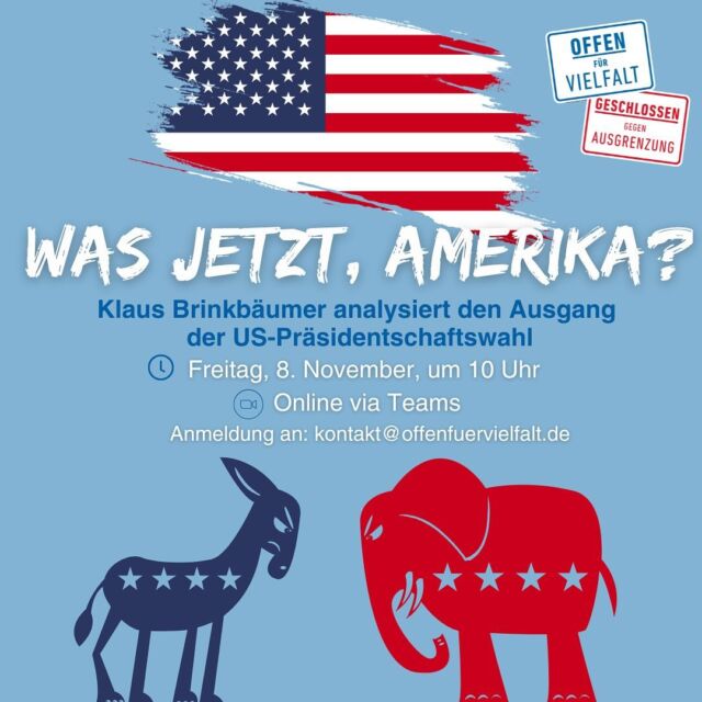 ➡️ „Was jetzt, Amerika?“ 🇺🇸 

Am 5. November erfahren wir, wer künftig das Präsidentenamt der USA übernimmt. Die politische Lage zeigt jedoch eine tiefe Spaltung im Land und bringt eine dringende Frage mit sich: Ist die Demokratie in den USA noch zu retten?
 
Wir laden Euch herzlich ein, beim Online-Morning-Briefing „Was jetzt, Amerika?“ am 8. November um 10 Uhr dabei zu sein. In unserem 90-minütigen Morning-Briefing analysiert @kbrinkbaeumer , ZEIT-Journalist und US-Experte, mit uns die US-Wahl. Gemeinsam diskutieren wir über die politische Lage in den USA und die möglichen Auswirkungen auf die Demokratie.
 

Wir bitten um eine kurze Anmeldung bis 5. November per E-Mail unter kontakt@offenfuervielfalt.de an.
 

#Demokratie #USA2024 #WasJetztAmerika #Online #KlausBrinkbäumer #OffenFürVielfalt #USWahlen